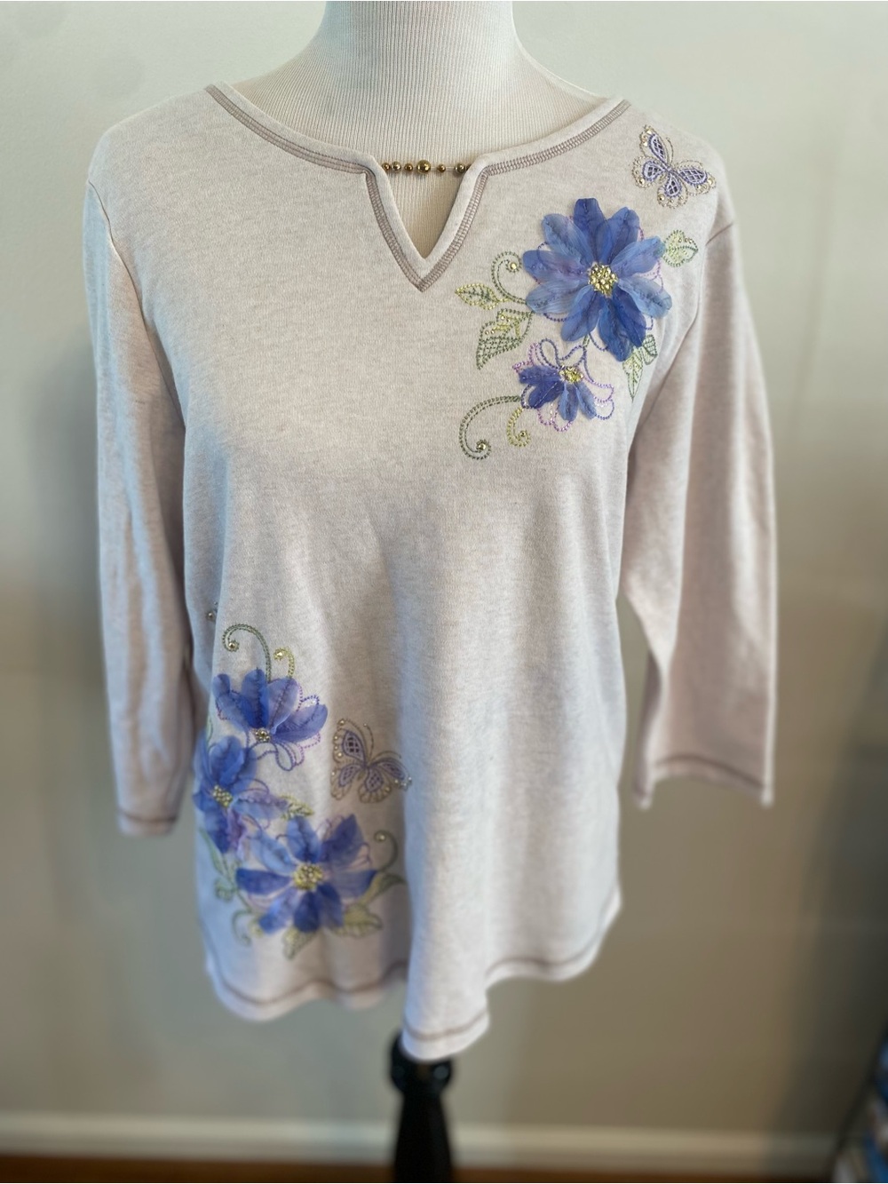 Alfred Dunner Asymmetric Floral Butterfly Embroidered Knit Top Bead Detail